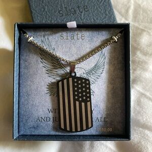 Slate Stainless Steel American Flag Dog Tag Necklace - 24” Black and Silver NIB